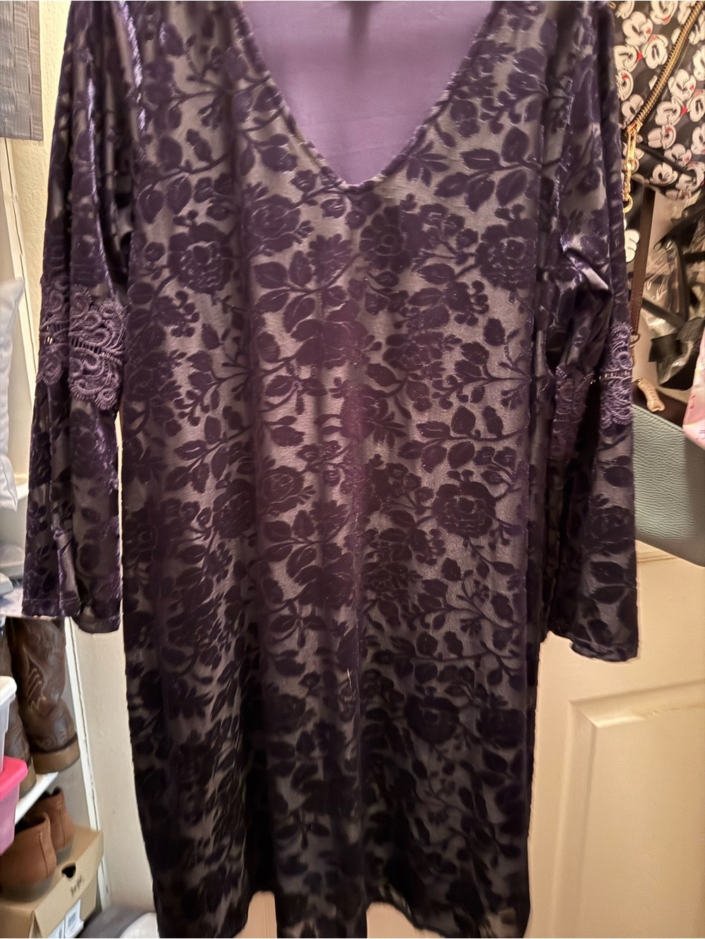 Purple Floral Velvet V-Neck Dress